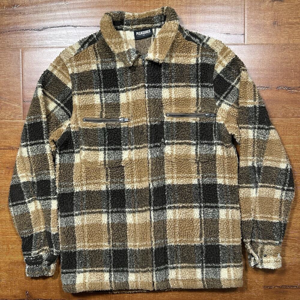 Pleasures Sherpa Fleece Jacket Mens S Brown Tartan Plaid Full Zip City Comfort
